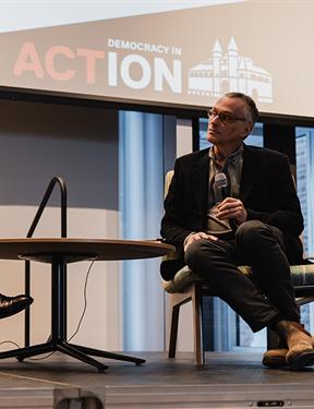 Anand Giridharadas (left) with Wesleyan President Michael S. Roth at the Democracy in Action convening.