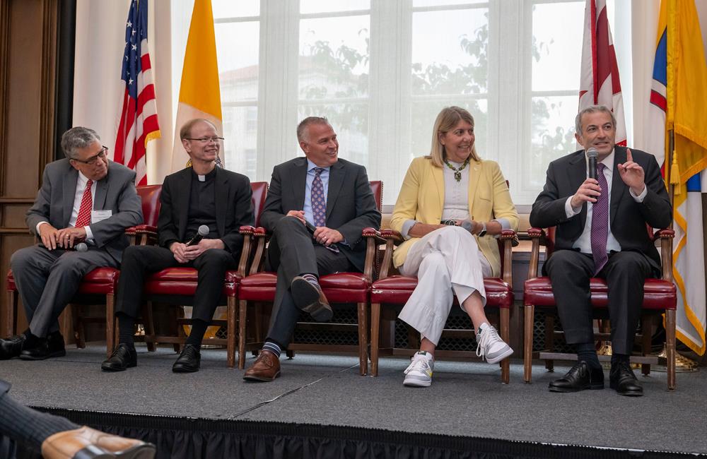 Peter K. Kilpatrick, president of The Catholic University of America; Rev. Robert A. Dowd, president of the University of Notre Dame; C. Shane Reese, president of Brigham Young University; Linda A. Livingstone, president of Baylor University; and Rabbi Dr. Ari Berman, president of Yeshiva University.