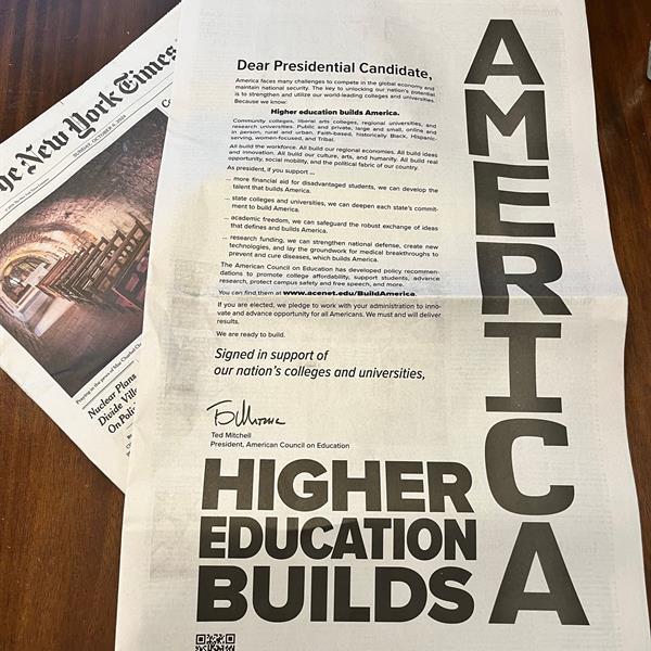 Image of NY Times full page ad for Higher Education Builds America